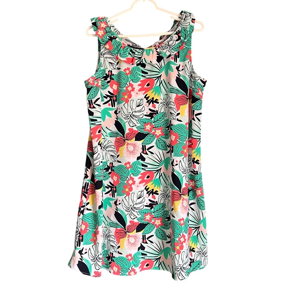 Crown & Ivy Womens Tropical Floral Ruffle Neck Tie Back Shift‎ Dress Large Pink